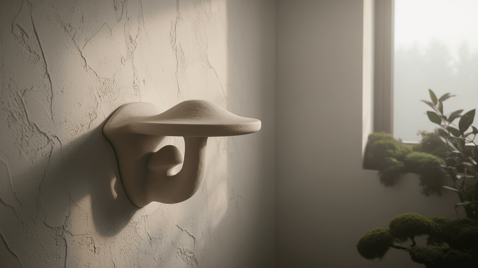 Organic 3D-printed shelf catching morning light